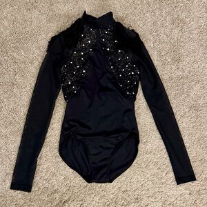 Balera Mock Neck Fringe Shoulder Black Sequin & Stone Leotard - Size L (Girls)